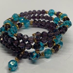 Blue And Purple Glass Faceted Beaded Gold Tone Beaded Wire Wrap Bracelet